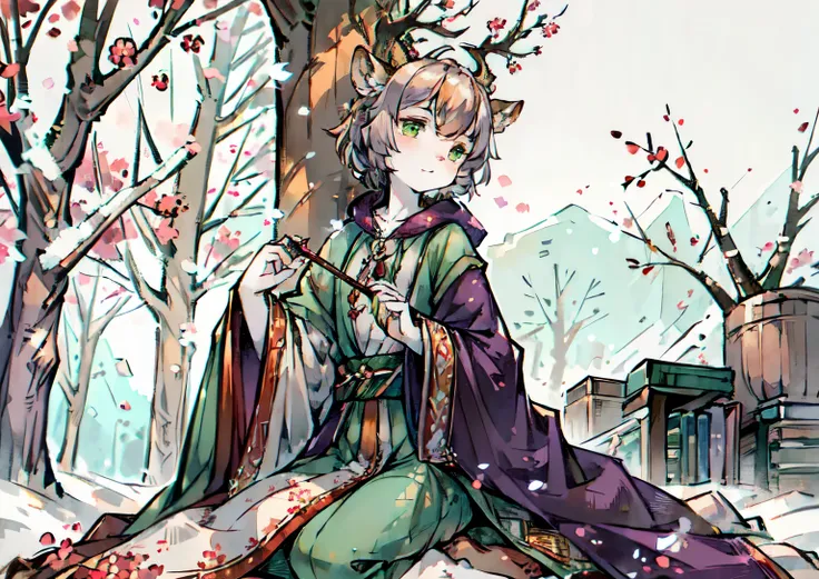 Ink style，a white deer，antlers，plum tree，Plum petals，plum blossom branch，sit on the floor，双手托着一份pergaminhos，green shirt，Long cape，A flowing cape，Hold a brush，pergaminhos，Lovely Shota，Flute in hand，Musical instruments next to him，Green eyes，gentle，Orange tr...