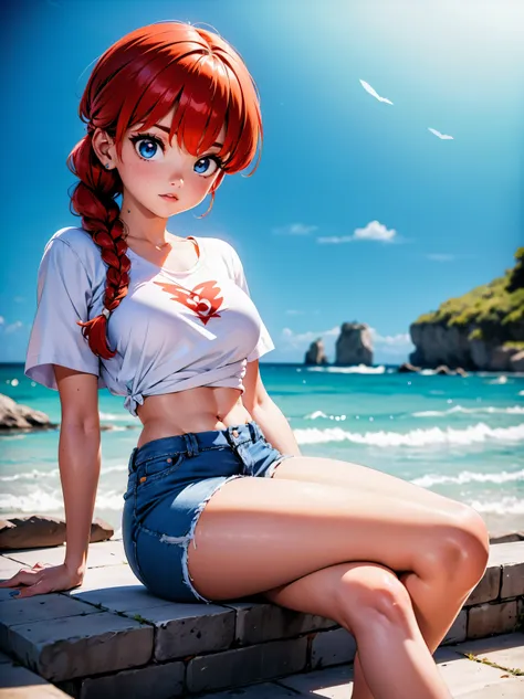 Garota anime ruiva com bermuda jeans azul e blusa purple roxa, 16 anos, agachada, sentada com pernas cruzadas, corpo bonito, seios grandes, with your hands behind your head, running your hands through your hair, garota sexy, red hair with braid, gorgeous l...