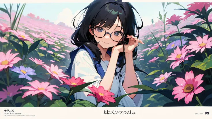 flower garden,anime girl,Glasses,black hair,clear,smile,mole,clear