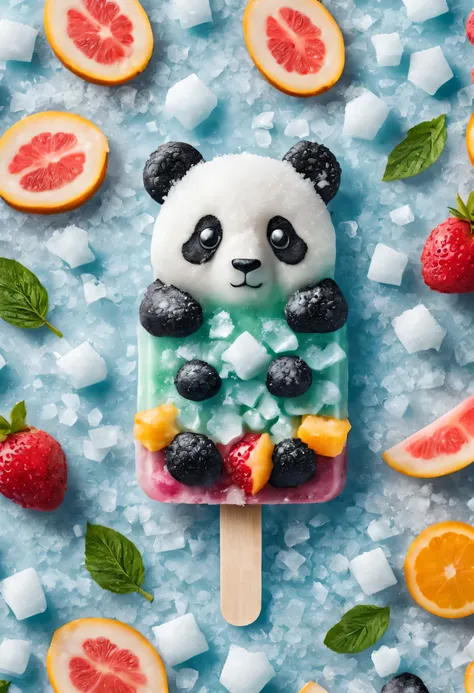 cartoon panda fruit popsicle，cute creative popsicles，frozen texture,snow,ice cold,cold,crystal ice,summer,delicious fruits,color...