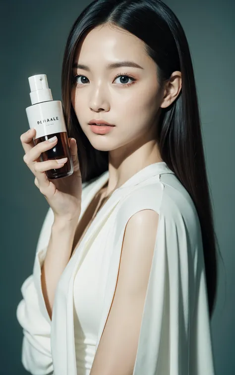 1 FEMALE-FOCUSED, A BEAUTIFUL FEMALE MODEL HAS A COSMETIC BOTTLE IN HER HANDS, WEARING WHITE SHIRT, THE MODELS SKIN IS HEALTHY AND CLEAR, AND THE COSMETICS BOTTLE SHINES LUXURIOUSLY, SKIN CARE, FLOWER, COSMETICS COMMERCIAL PHOTOS, CLEAN ATMOSPHERE, IN THE ...