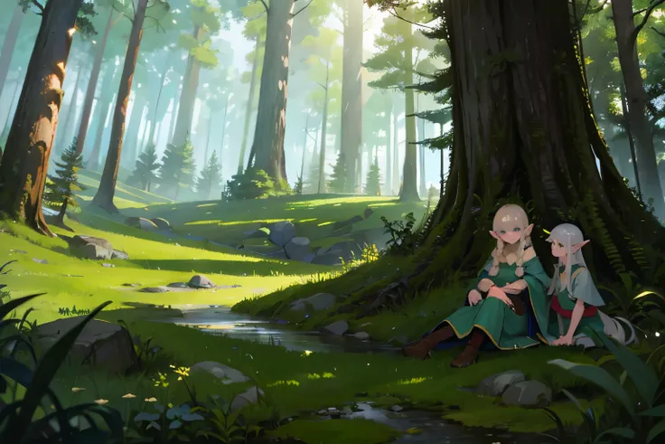 Prompt People: Elves, several elves background, elves and elves, elves inside a dense forest.

Prompt Scenario: Forest, dense forest, several huge trees, large trees