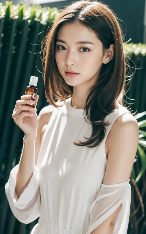 1 FEMALE-FOCUSED, A BEAUTIFUL FEMALE MODEL HAS A COSMETIC BOTTLE IN HER HANDS, WEARING WHITE SHIRT, THE MODELS SKIN IS HEALTHY AND CLEAR, AND THE COSMETICS BOTTLE SHINES LUXURIOUSLY, SKIN CARE, FLOWER, COSMETICS COMMERCIAL PHOTOS, CLEAN ATMOSPHERE, IN THE ...