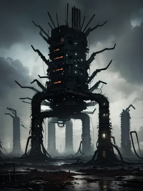 ((dark tentacle in biopunk style)), ((Post-apocalyptic art)), lonely radio station, massive array satellite dish, Withered trees, (cold light), wasteland, black oil liquids, Dark Fantasy environment, Dark Fantasy, very detailed art, very detailed backgroun...