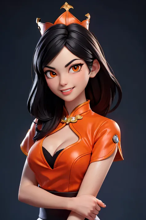 (lifelike,high resolution：1.3）， A slim girl， The face shape and eyes are super delicate,black hair,red glossy lips,(beautiful face), (best quality), (Super detailed), (Extremely detailed CG unified 8k wallpaper),Orange cheongsam,A little cleavage,black ski...