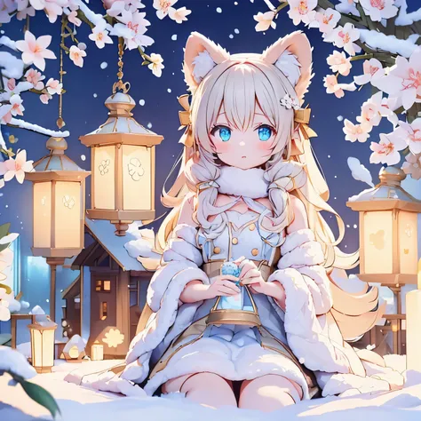 (1girl),animated girl sitting on a bench in the snow with a lantern, winter concept art, 8K high quality detailed art, animated art wallpaper 8K, goddess of winter, eyes shining in vivid colors, elaborate and delicate ornaments and dresses, detailed drawin...