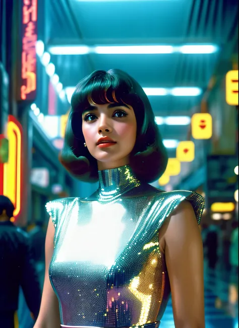 1girl, rosto detalhado, triste, holograma, vestido dourado, coreana, estilo blade runner, 1984 dvd filme, cabelo rosa, cidade cyberpunk, futurista, led, vestido latex, 1984, ( obra de arte,realista, photorealista), (melhor qualidade), realista, cabelo long...