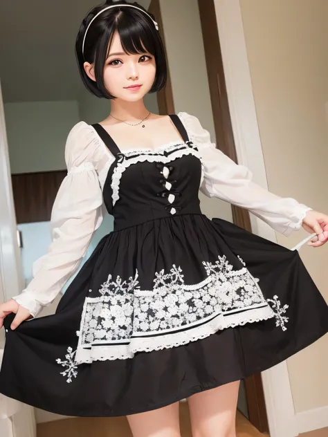 whole body、In maid clothes 、30 year old beautiful maid、((short black hair))、indoor、hair ornaments