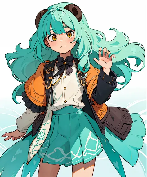 ((Live 2D))  table top, 1 girl, whole body, standing up straight, steampunk clothes, uniform, looking at the viewer, detailed face, 緑のwavy hairの女の子, bangs, Metal sheep horns, gradient hair, colorful hair, light green hair, Turquoise Hair Tips, wavy hair, g...