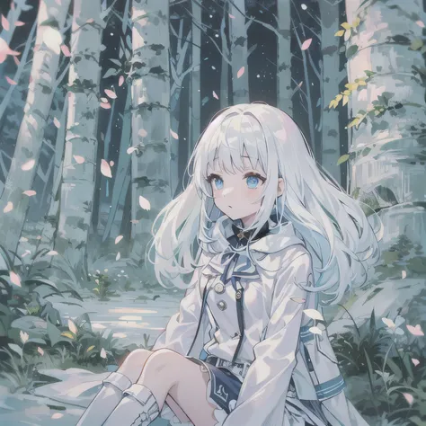 light blue eyes，princess cut，white hair，White over-the-knee boots，White Gothololita，White knee-length stockings，Leucorrhea，sweeping bangs，half-close eyes，Changbai scan forest，night，winter time，little girl，waiting to start，Look up at camera