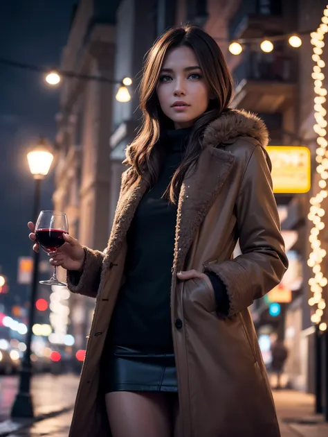 winter night street, bright christmas lights, Photo taken on a Canon EOS R5 camera..., First person, photografic, full-length portrait, From Bottom. beautiful aged girl, brown hair, open fur coat, white top, short skirt, black tights, nice hands,  ((holds ...