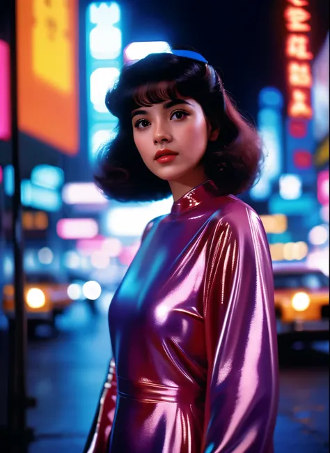 1girl, rosto detalhado, triste, holograma, vestido prateado futurista, coreana, estilo blade runner, 1984 dvd filme, cabelo rosa, cidade cyberpunk, futurista, led, vestido latex, 1984, ( obra de arte,realista, photorealista), (melhor qualidade), realista, ...