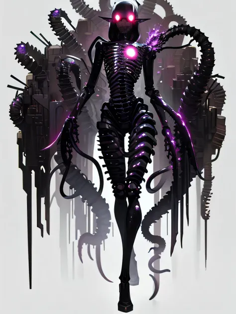 ((dark tentacle in biopunk style)), ((horror tentacles)), full length portrait, (thin skeleton character), holding a biopunk grenade launcher, (cold light), black oil liquids, dark fantasy environment, very detailed art, very detailed background