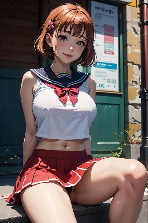 (best quality,4k,8k,highres,masterpiece:1.2), ultra-detailed, on knees, sitting,arms behind back,takami chika, sailor top, school skirt, midriff, slightly excited and smile, sleeveless, thighs, cowboy shot, hair ornament, random pose,(transparent disappear...