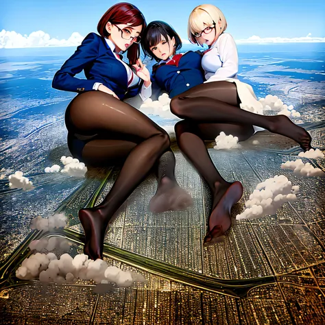 multiple girls, Giantの芸術, 非常に詳細なGiantショット, Giant, short hair, A high school girl who is much bigger than a skyscraper, wearing rimless glasses, big breasts, big ass, navy blue blazer, red tie, mini skirt, black pantyhose, pantyhose barefoot, Steam comes ou...