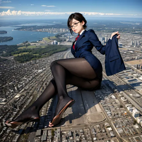 multiple girls, Giantの芸術, 非常に詳細なGiantショット, Giant, short hair, A high school girl who is much bigger than a skyscraper, wearing rimless glasses, big breasts, big ass, navy blue blazer, red tie, mini skirt, black pantyhose, pantyhose barefoot, Steam comes ou...