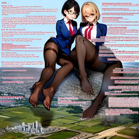 multiple girls, Giantの芸術, 非常に詳細なGiantショット, Giant, short hair, A high school girl who is much bigger than a skyscraper, wearing rimless glasses, big breasts, big ass, navy blue blazer, red tie, mini skirt, black pantyhose, pantyhose barefoot, Steam comes ou...