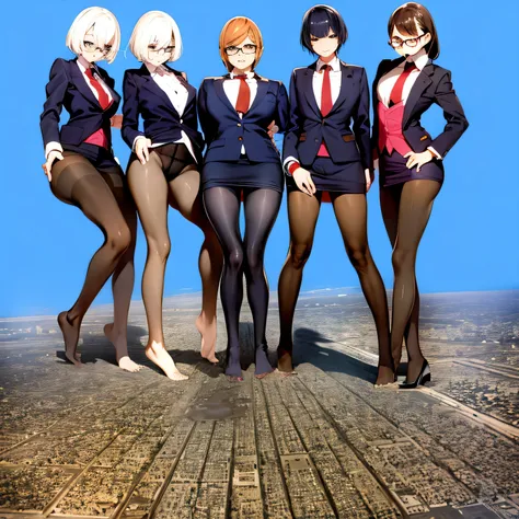 multiple girls, Giantの芸術, 非常に詳細なGiantショット, Giant, short hair, A high school girl who is much bigger than a skyscraper, wearing rimless glasses, big breasts, big ass, navy blue blazer, red tie, mini skirt, black pantyhose, pantyhose barefoot, Steam comes ou...