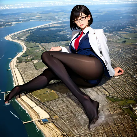 multiple girls, Giantの芸術, 非常に詳細なGiantショット, Giant, short hair, A high school girl who is much bigger than a skyscraper, wearing rimless glasses, big breasts, big ass, navy blue blazer, red tie, mini skirt, black pantyhose, pantyhose barefoot, Steam comes ou...