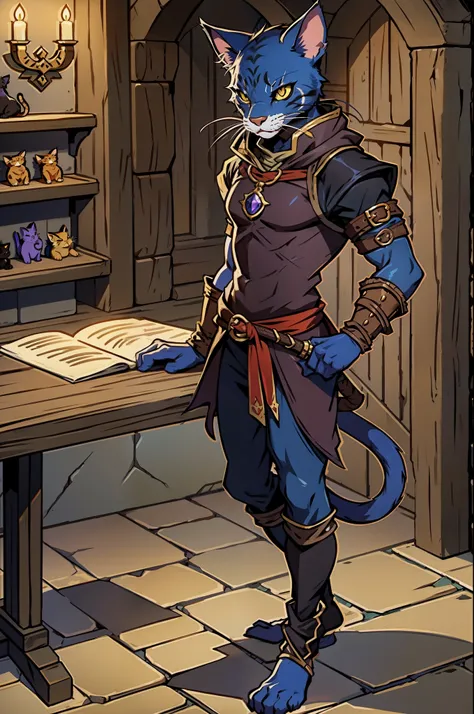 masterpiece, 1man, extremely detailed character, full body shot, best quality, dnd, dungeons and dragons, dnd character, character, (Tabaxi, Cat, Khajiit), (Rogue, Thief), (cat features, furry:1.3), medieval era, fantasy clothes, anime style, (medieval thi...