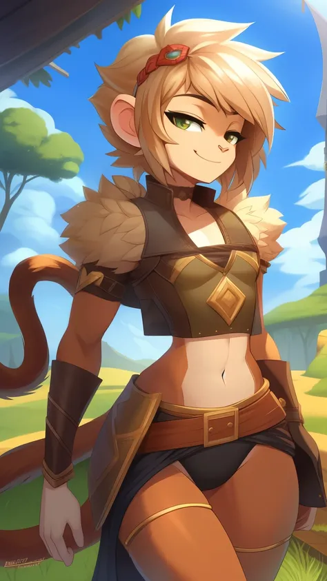 Best quality, Super detailed illustration, (fluffy monkey boy:1.4) , feminine face and body, disheveled thick hair, Rogue Clothes,  smug smile, half-closed eyes , Femboy, small waist, wide hips, Slim, perfect body, DND style