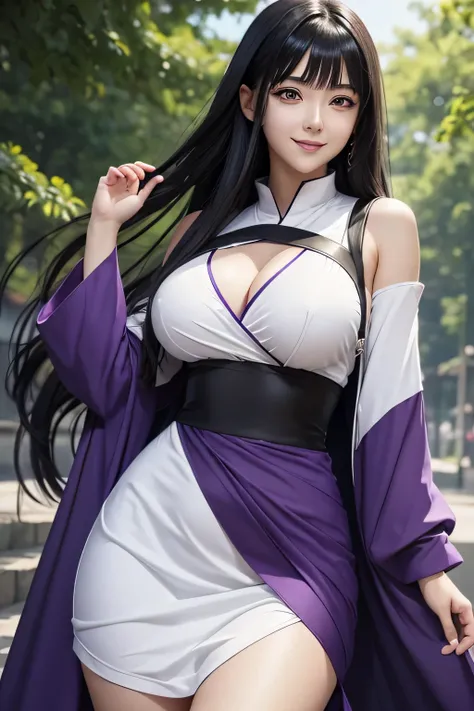 1girl, hyuga hinata in anime naruto, long hair, black hair, white eyes, smile, beautiful, sexy dress, sexy clothes, purple clothes, very big breast, realistic clothes, detail clothes, outdoor background, ultra detail, realistic