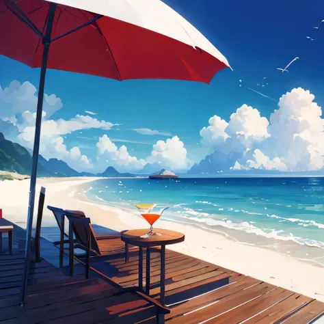 cocktails, world, no humans, landscape, summer, Sky, cloud, sea, blurred background, masterpiece, best quality, Ultra-detailed