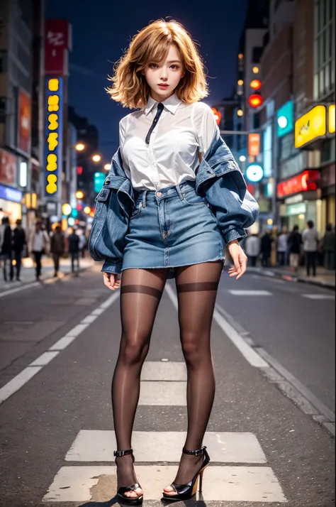 ulzzang-6500-v1.1, (RAW photo:1.2), (Photoreal), beautiful detailed girl, (genuine: 1.4), A woman wearing a miniskirt posing in the middle of the road,  on rooftop tokyo night, (sexy style), (super realistic pantyhose:1.2), in tokyo at night, on the street...