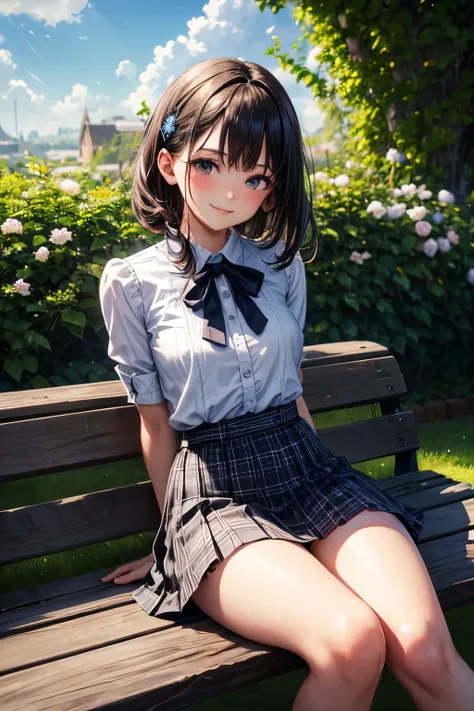 very cute and beautiful girl,(highly detailed beautiful face), (smile),blush,white blouse,ribbon,pleated plaid mini skirt, sitting on bench,spread legs,white panties,arms behind back,dynamic angle,looking at viewer,black hair, flower garden,stone stairs,sh...