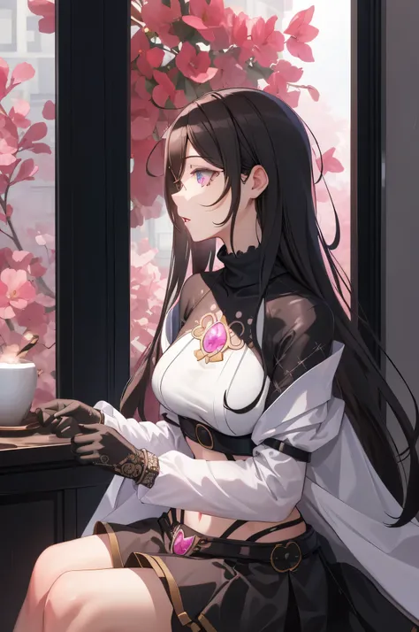 solo, 1girl, suginami ikaruga, mole,
BREAK  (pink turtleneck black capelet white shirt jewelry white sleeves long sleeves navel cutout black skirt pink frills:1,2)
BREAK mature female, cowboyshot, naughty face,
BREAK (masterpiece:1.2), best quality, high r...