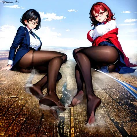 myself peeing, multiple girls, Giantの芸術, 非常に詳細なGiantショット, Giant, short hair, A high school girl who is much bigger than a skyscraper, wearing rimless glasses, big breasts, big ass, navy blue blazer, red tie, mini skirt, black pantyhose, pantyhose barefoot,...