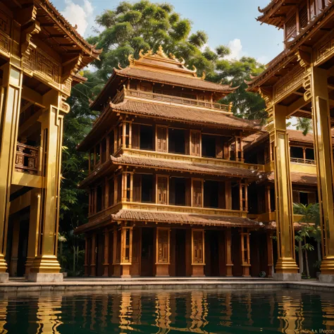 A towering structure inspired by the Shanghai 1000 Trees Building, yet rooted in the vibrant culture and beauty of Kerala, India. Imagine verdant green foliage cascading down its facade, resembling traditional Kerala houseboats gliding through emerald back...