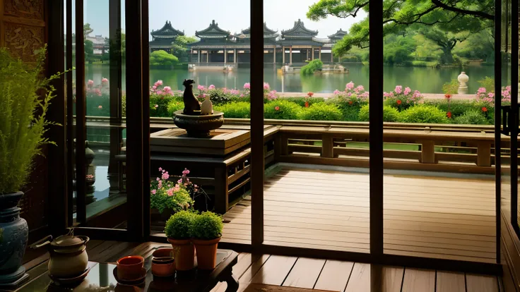 ((best quality)), ((masterpiece)), (detailed), Ancient，Suzhou Garden，potted plant，Lattice
