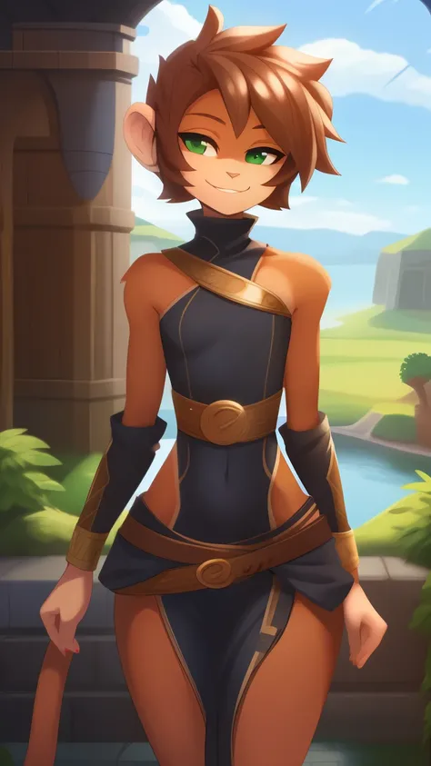 Best quality, Super detailed illustration, (fluffy monkey boy:1.4) , feminine face and body, disheveled thick hair, Rogue Clothes,  smug smile, half-closed eyes , Femboy, small waist, wide hips, Slim, perfect body, DND style