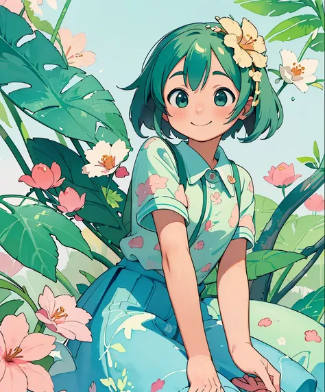 (masterpiece、highest quality、highest quality、official art、beautiful beautiful:1.2)、(1 girl:1.3)Hatsune Miku、beautiful breasts、twin tails、adorable smile、very detailed、, beautiful flower, berry, Fern, leaf, calm color watercolor pattern), (watercolor texture...