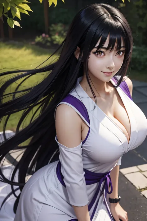 1girl, hyuga hinata in anime naruto, long hair, black hair, white eyes, smile, beautiful, sexy dress, sexy clothes, purple clothes, very big breast, realistic clothes, detail clothes, outdoor background, ultra detail, realistic