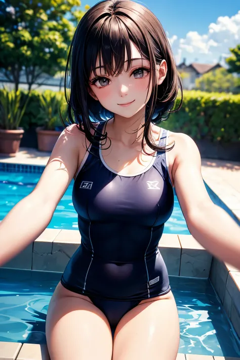 very cute and beautiful girl,(highly detailed beautiful face),blue school swimsuit, sitting,spread legs,looking at viewer,pool side,flowers in planters,smile,black hair,dynamic angle, (best quality,masterpiece:1.2),absurdres,highres,ultra-detailed,extremel...