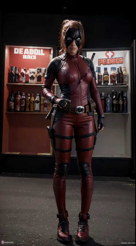 Create a female version of the deadpool superhero, realistic,ultra hd, solo girl, 8k, full body sized, detailed