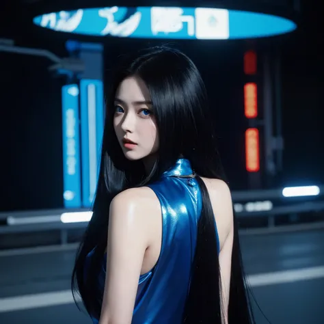 a woman, black hair, blue eyes, long hair, Korean, shiny dress, cyberpunk, futuristic city, 1987 style, 1987 film, masterpiece, best quality. 