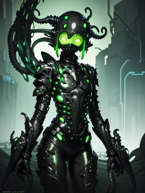 ((dark tentacle in biopunk style)), ((horror tentacles)), Slimy girl, mucous skin, green mucous skin, green skin slime, Less clothing, spine belt, crude black iron helmet, iron shoulders, metal bib, (cold light), black oil liquids, Dark Fantasy, very detai...