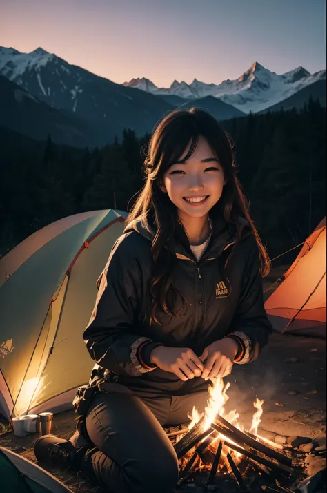 8k,evening,young woman camping,lit by a bonfire,cold,triangular tent behind,Photorealistic RAW photos of the highest quality。bright colors,rich colors, Backlight, cinematic lighting, film grain, to be born, 50mm lens, Nikon D850,realistic skin,fantasy art,...