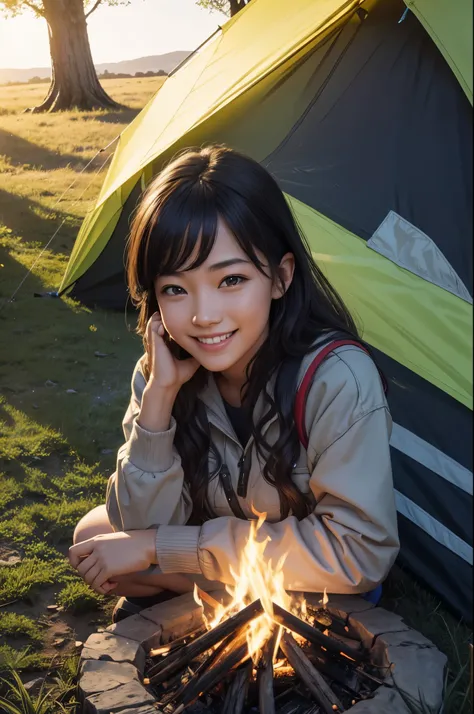 8k,evening,young woman camping,lit by a bonfire,cold,triangular tent behind,Photorealistic RAW photos of the highest quality。bright colors,rich colors, Backlight, cinematic lighting, film grain, to be born, 50mm lens, Nikon D850,realistic skin,fantasy art,...