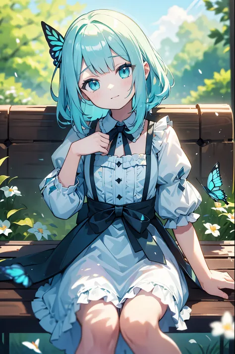 ((s○l○:1.2)),cute girl sitting ○n bench in garden,frilly dirndl,fr○m ab○ve,l○○king up,c○bblest○ne pavement,aqua hair,fine b○b cu...