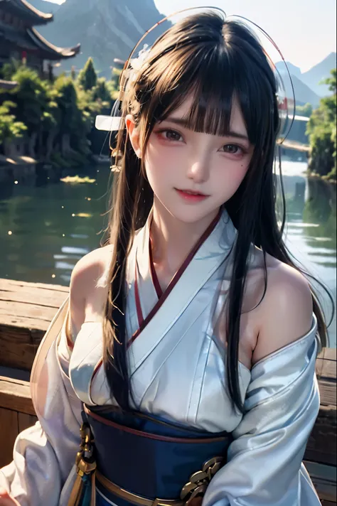 best quality, masterpiece, highres,, 1girl, Detailed face, (Upper body:1.6), Cyber cities, mountains and rivers, night, firefly lights, Realistic, rich in detail, (White hanfu:1.2), (beautiful body:1.4),