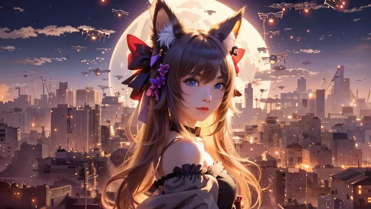 anime cat ears girl and a bow in front of a city, beautiful anime catgirl, very beautiful anime cat girl, anime cat ears girl, anime style 4k, anime catgirl, cute anime catgirl, A drone is flying in the sky, night city, anime art wallpaper 4k, anime art wa...