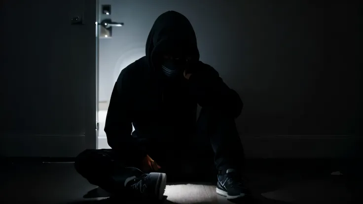 silhouette of a man wearing a hoodie that covers his face. The man sat on the floor in a room covered in darkness. exudes loneliness and sadness