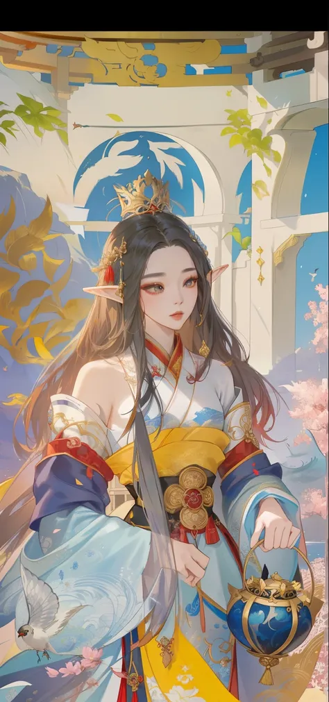 There is a woman in a skirt standing next to a bird, beautiful fantasy queen, ((beautiful fantasy queen)), Queen of the Sea Mu Yanling, guweiz, fantasy art style, Beautiful and elegant elf queen, palace ， A girl wearing Hanfu, guweiz style artwork, Gilded ...