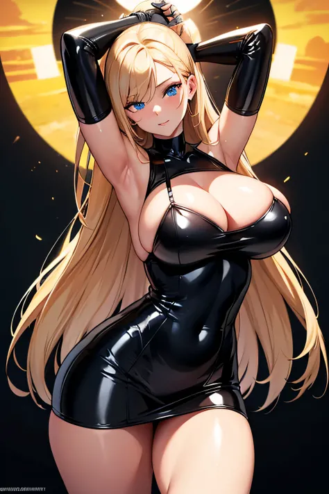 High Resolution, Ultradetailliert, (Meisterwerk:1.4), best quality, symmetrical body, a beautiful 18 year old woman in a sexy black latex dress with gloves, Niedlich, Allein, lange Haare, blondes Haar, blaue Augen, leuchtendes Auge, Glow-Effekt, fein Auge,...