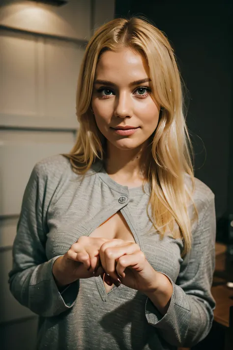 Blonde woman looking at camera and shaking hands with evil face.