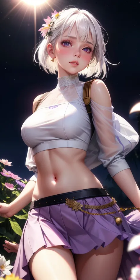 realistic, 1girl, white hair, purple eyes, glowing eyes, crop top, skirt, parted lips, blush, night, flowers, sun, sunlight,